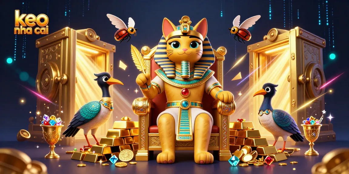 Engage with keo nha cai as the pharaoh cat rules over treasure in a vibrant casino scene.