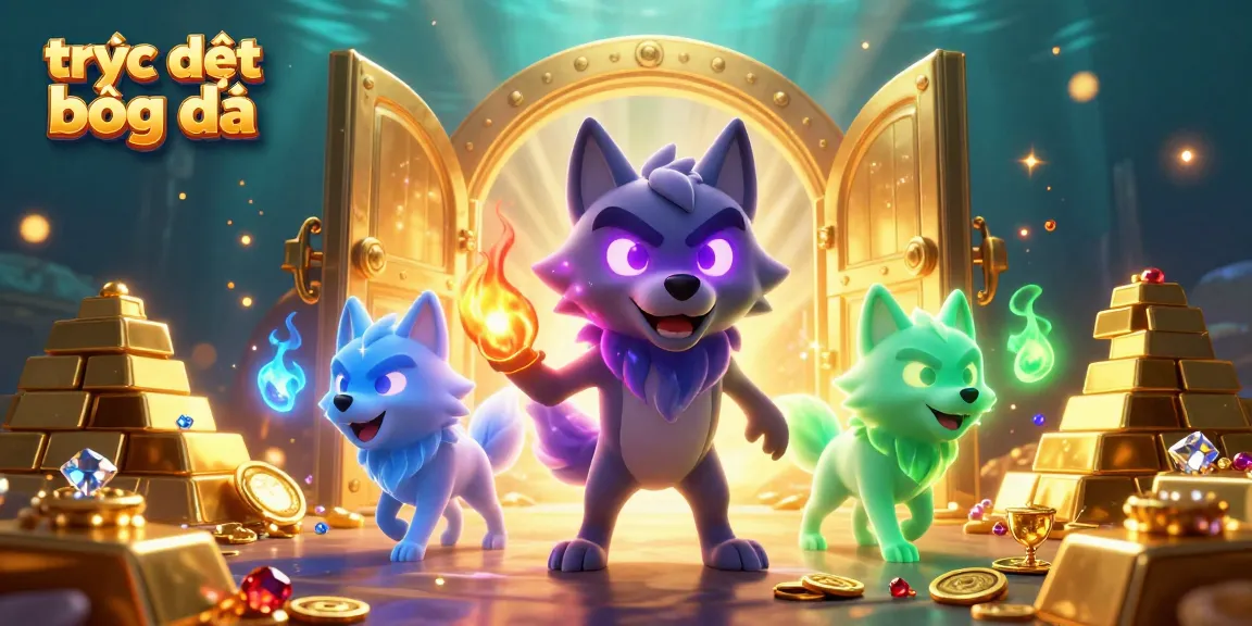 Experience trực tiếp bóng đá with a thrilling visual scene of energetic wolves amidst sparkling treasures.