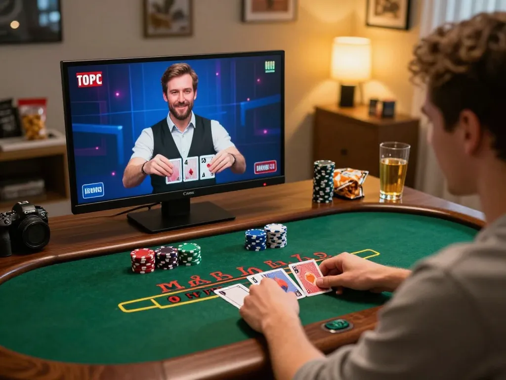 B52 club player engaging in a live dealer blackjack game, showcasing strategic gameplay and home comfort.