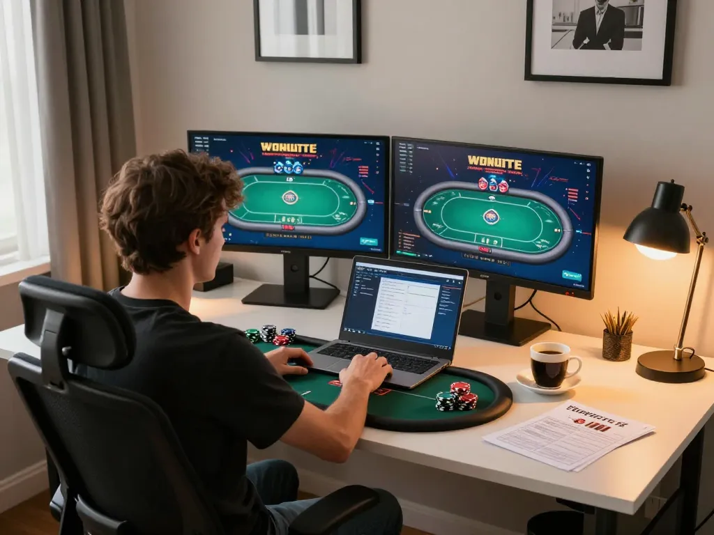 Player engaging with sunwin online poker game in a stylish home office setting with focused strategy notes