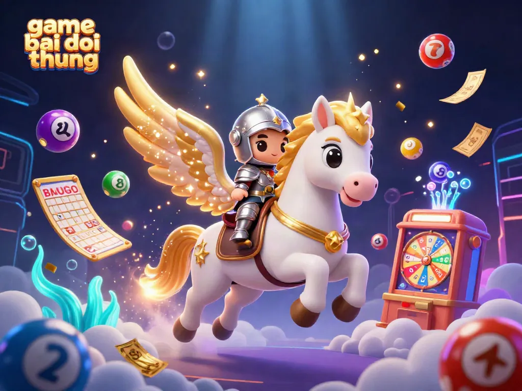 A dynamic illustration of game bai doi thuong featuring a celestial horse and knight amid colorful lottery elements.