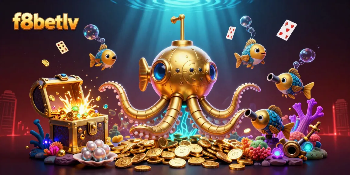 Experience the thrill of f8betlv with a vibrant scene of a golden kraken and mechanical fish amidst underwater treasures.