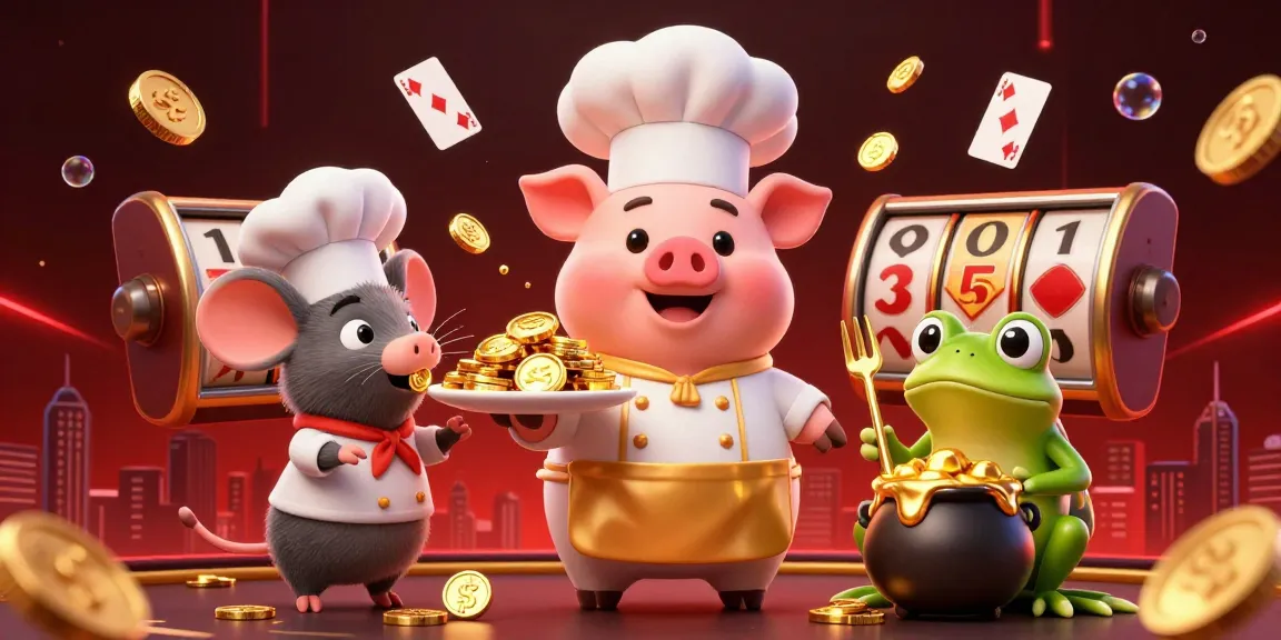 Experience the thrill of TYBOI with a festive casino illustration featuring pig chefs and gold coins!