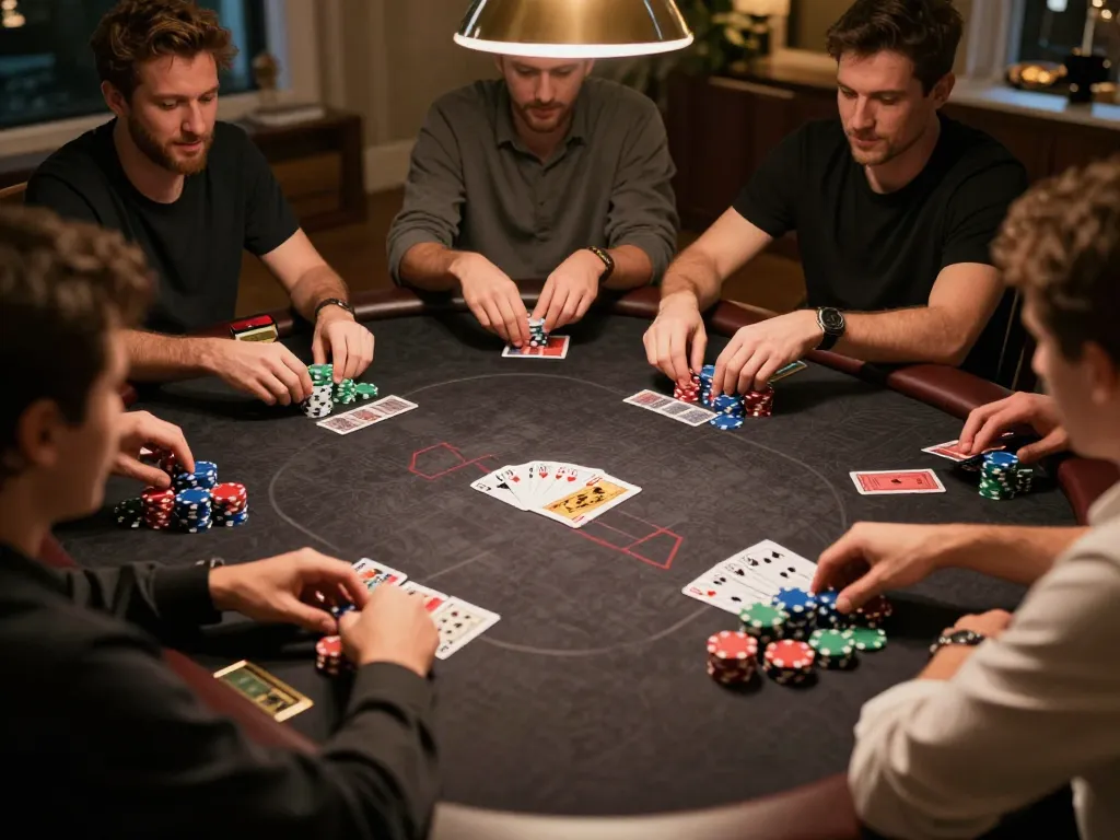rik vip players strategizing at home poker night with colorful chips and cards