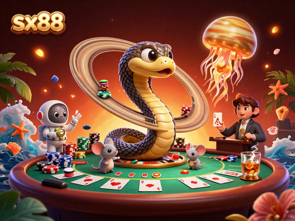 Experience the excitement of sx88 with astronauts betting on Saturn's rings in a vibrant casino scene.