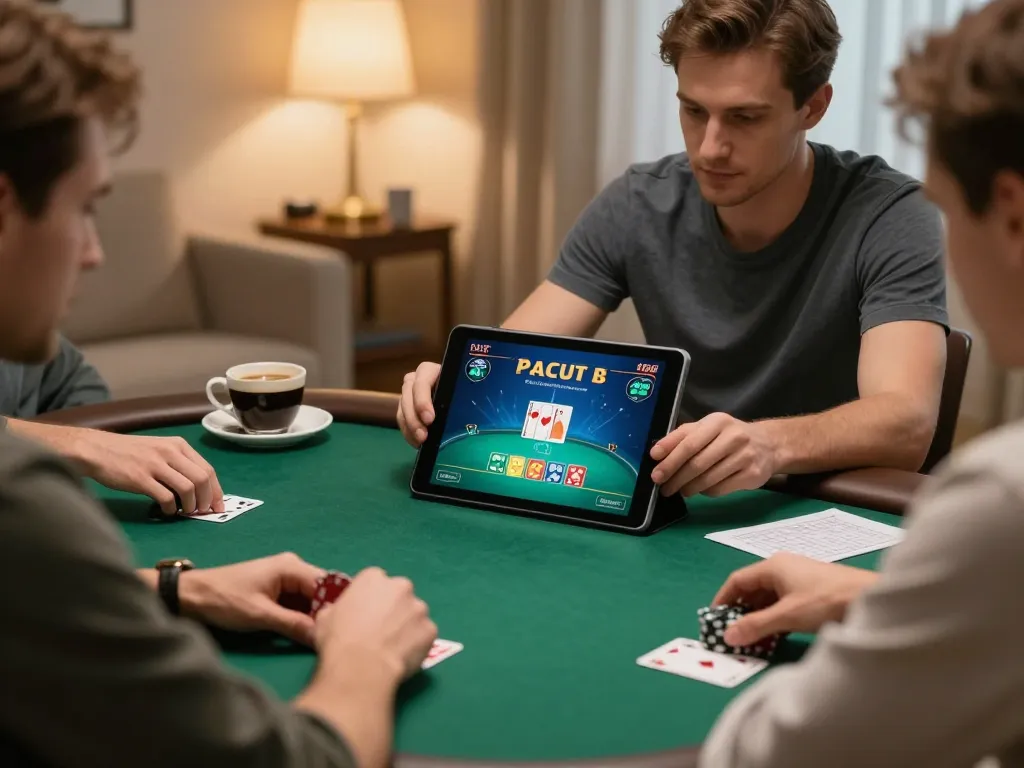 Engaging in poker on a tablet as part of net88's online gaming experience in a cozy setting.