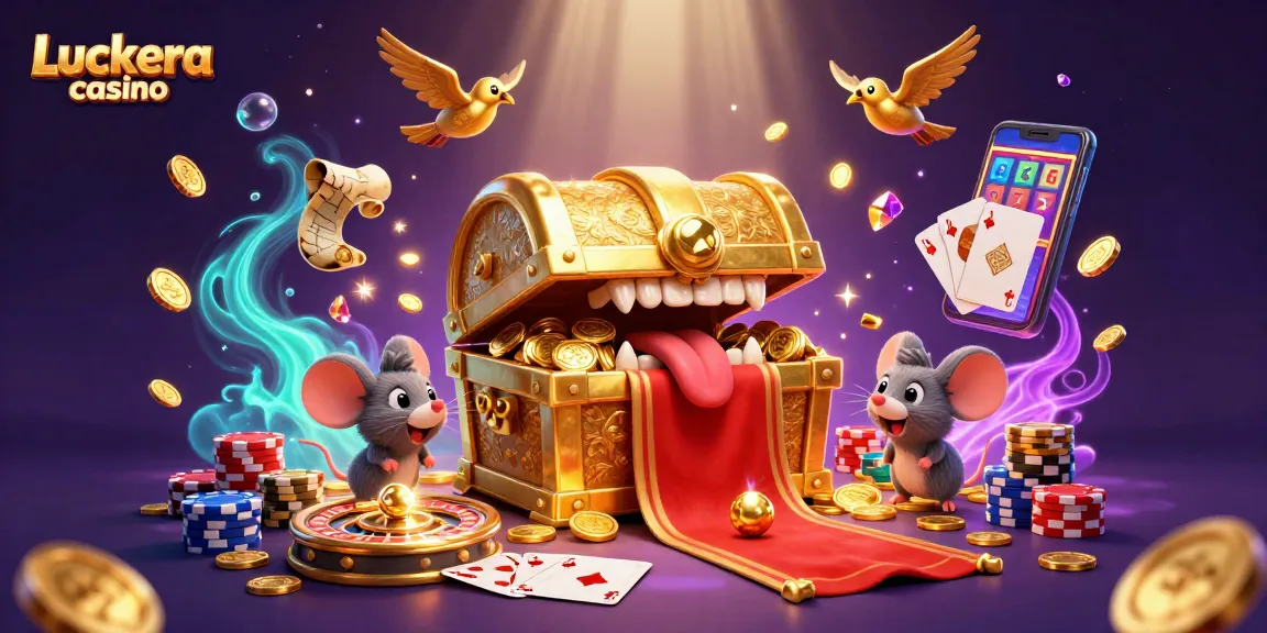 Luckera casino showcases a vibrant 3D illustration of a treasure chest and adventurer mice with casino elements