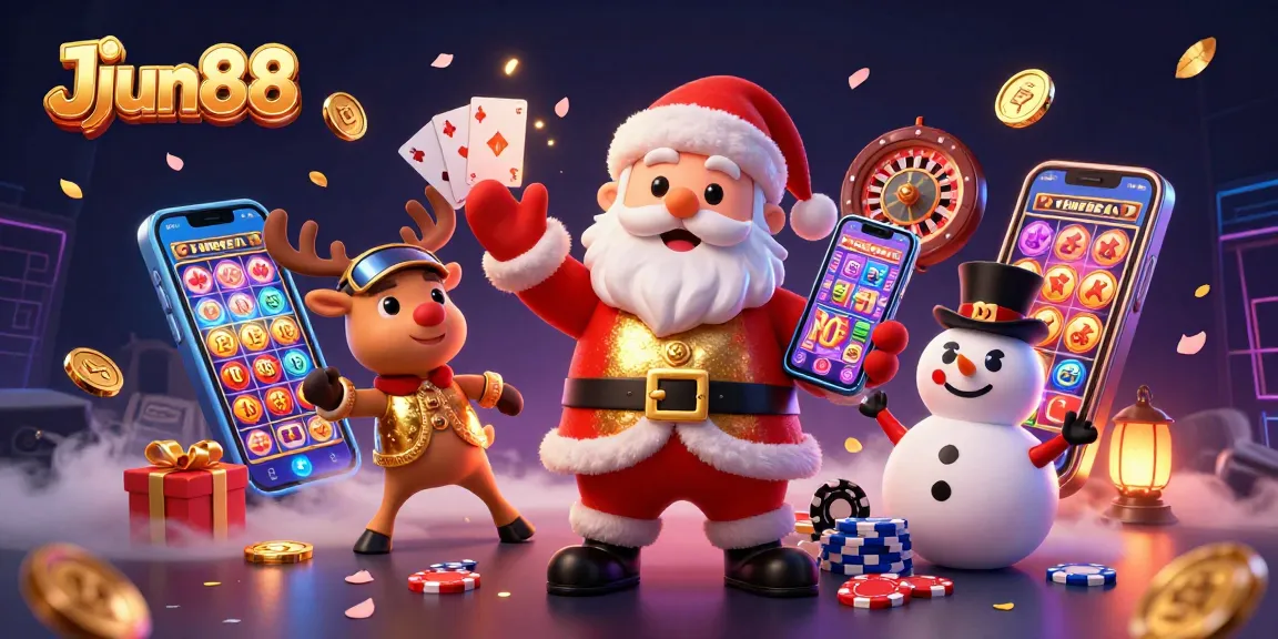Experience fun at JJun88 with Santa, a reindeer dealer, and a snowman enjoying vibrant slot games.