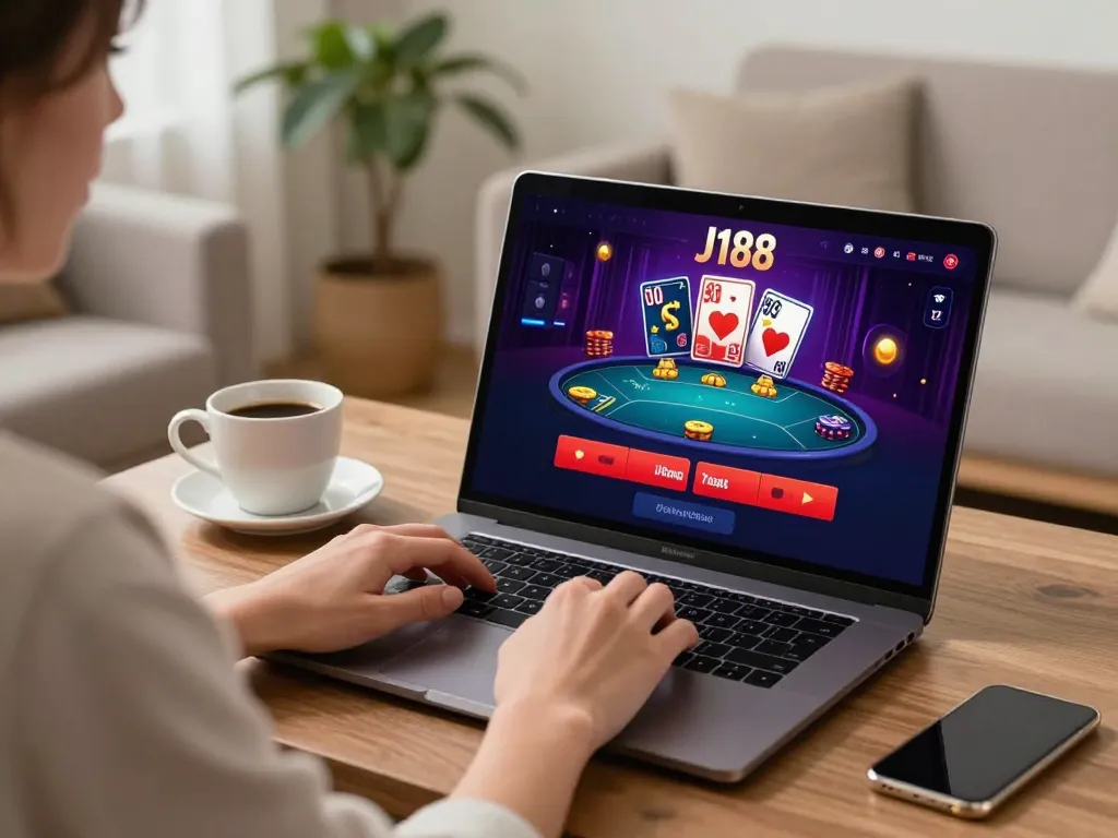 Engaging with J188 đăng nhập on a laptop in a cozy home setting for online gambling.