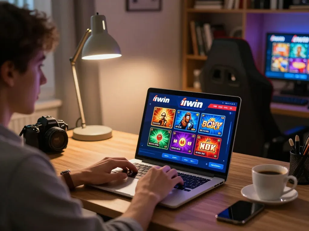 Engaging in iwin online gaming, showing vibrant game graphics on laptop while enjoying a cozy home setup