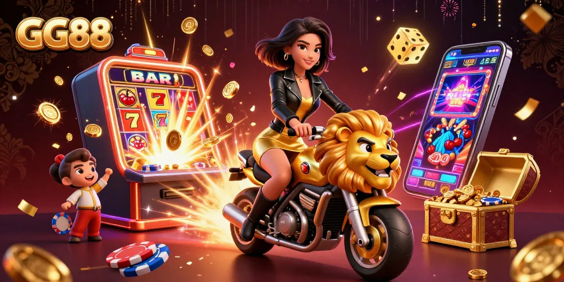 GG88 showcases a glamorous Asian woman riding a golden lion mascot among vibrant casino elements celebrating thrilling wins.