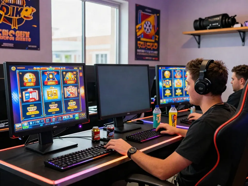 Engaging scene of a player enjoying slots that accept credit cards at a modern gaming setup, vibrant graphics lighting up the atmosphere.