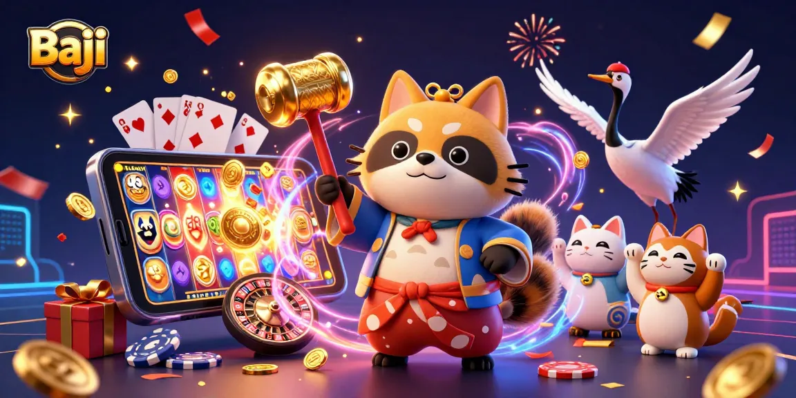 Baji players enjoying spinning slot games with exciting jackpots and cheerful characters at the casino.