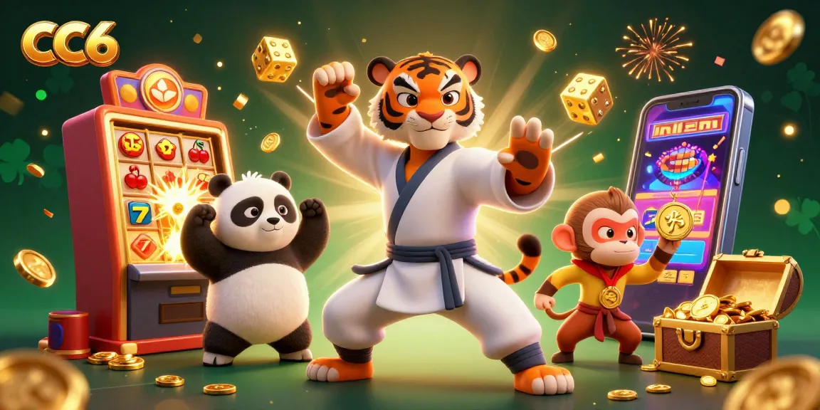 CC6 offers an exciting jackpot experience with a kung fu tiger, panda, and monkey in a vibrant casino scene.