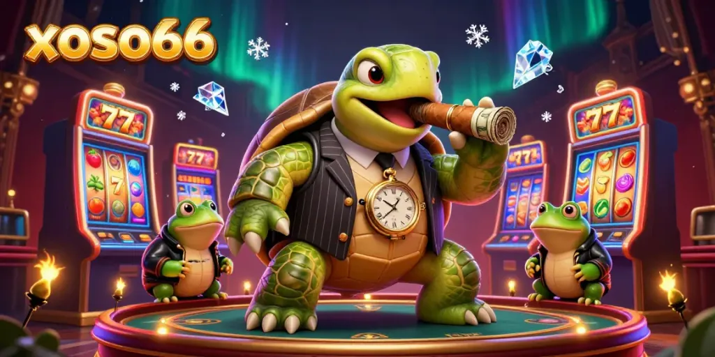 Xoso66 casino scene with a snapping turtle in a pinstripe suit and bullfrog enforcers, surrounded by vibrant slot machines.