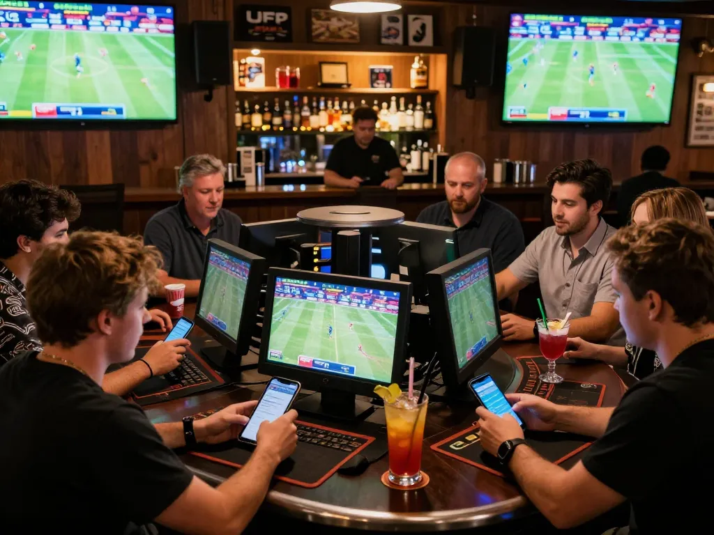 Players engaged in sports betting at OKFUN while enjoying a lively bar atmosphere