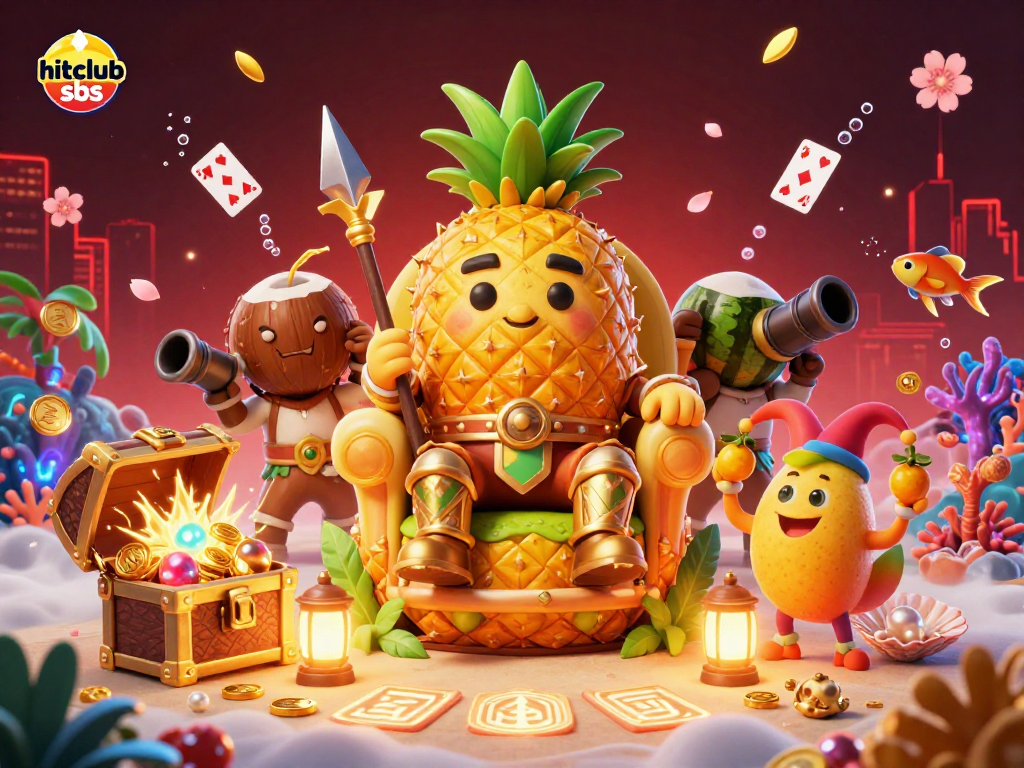 Hitclub sbs showcases engaging scenes of winning with a golden pineapple king, vibrant casino beach elements.