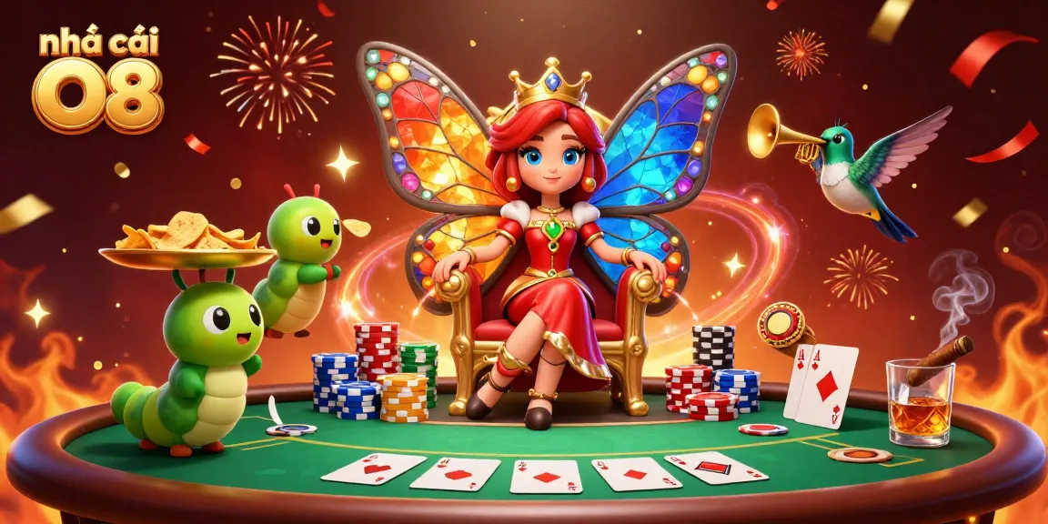 Experience lively gaming at nhà cái O8 with a vibrant 3D casino illustration showcasing poker thrills.