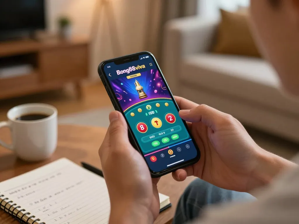 Bong88viva player engaging with live dealer game on mobile in cozy home setting