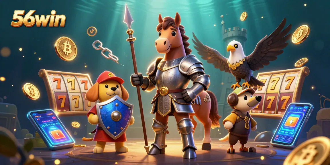 Engage with 56win in this vibrant 3D casino scene featuring a medieval knight, puppy, and falcon.