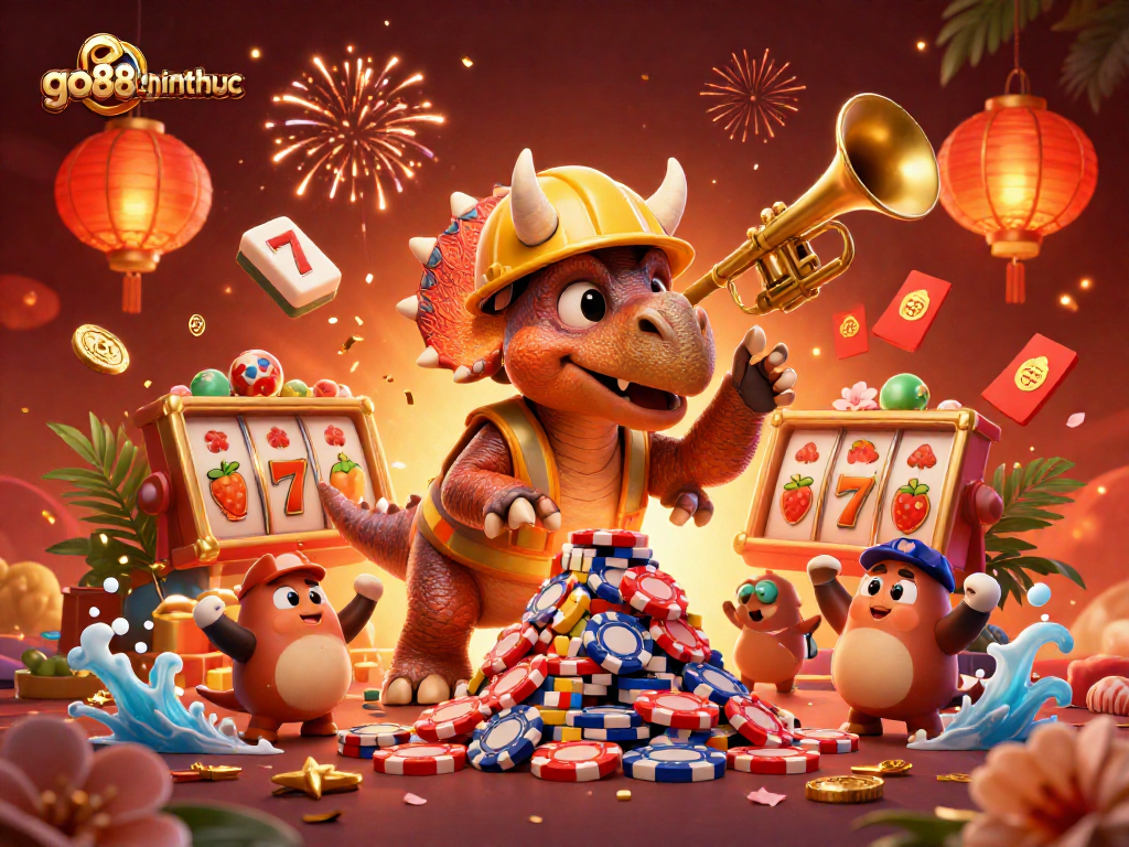 Celebrating wins at go88chinhthuc with an energetic scene of dinosaurs and casino elements.
