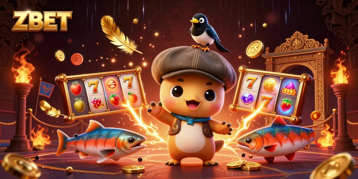 ZBET showcases a vibrant 3D casino scene featuring playful characters engaging in lively slot games with dynamic elements.