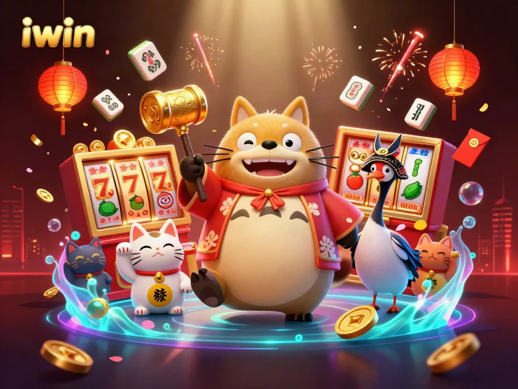 Experience iwin excitement with a vibrant 3D festive casino scene featuring luck symbols.