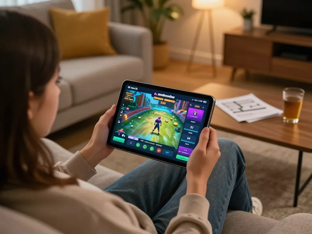 Engaged in xocdiaonline gaming, player uses tablet at home for an immersive experience.