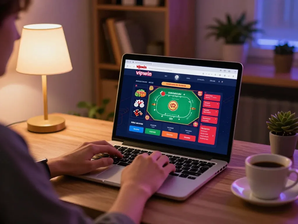 Engaged player enjoying Vipwin casino gaming on a laptop at a cozy desk