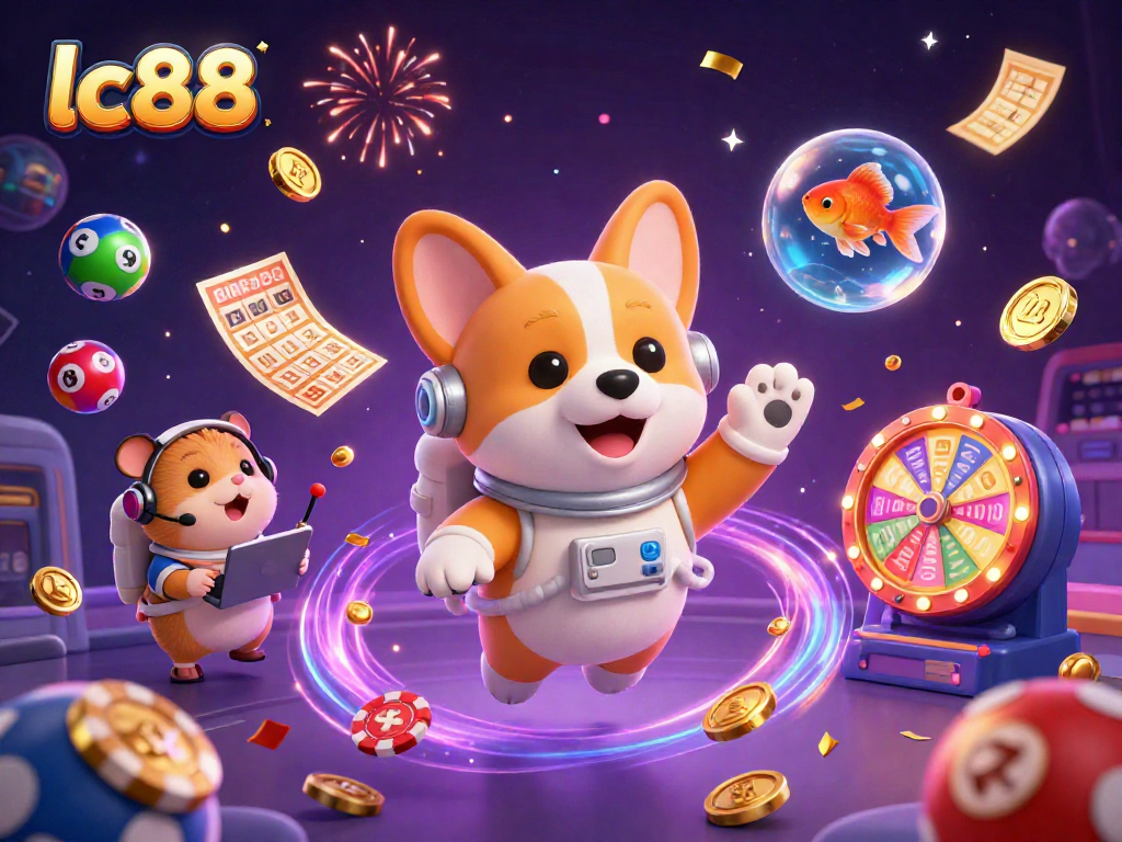 Engage with lc88's exciting games as the astronaut corgi explores a vibrant space casino scene.