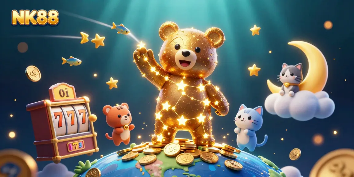 Experience the excitement of NK88 with golden stars and casino elements in a vibrant 3D scene.