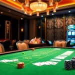 Xì Tố 68 Game Bai featuring vibrant gaming table with cards and chips in a luxury casino.