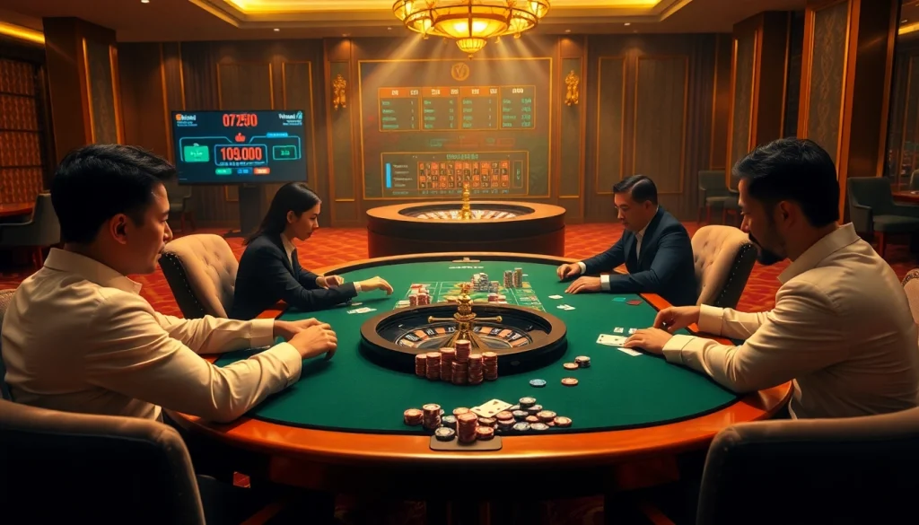 Xì Tố 68 Game Bai table with players engaged in strategic play at a luxurious casino.
