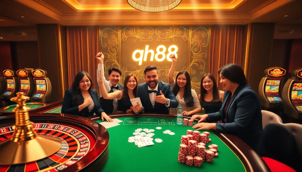 Players celebrating a win at a luxury qh88 casino table, surrounded by vibrant poker chips and cards.
