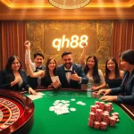Players celebrating a win at a luxury qh88 casino table, surrounded by vibrant poker chips and cards.