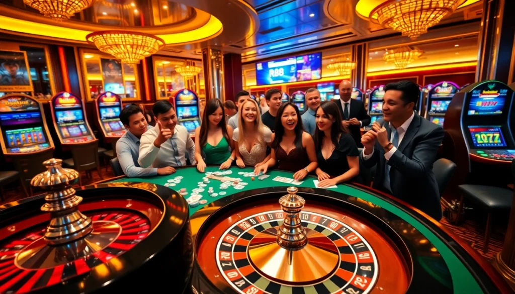 Gambling enthusiasts enjoying an exciting casino experience at RR88 with poker chips and roulette.