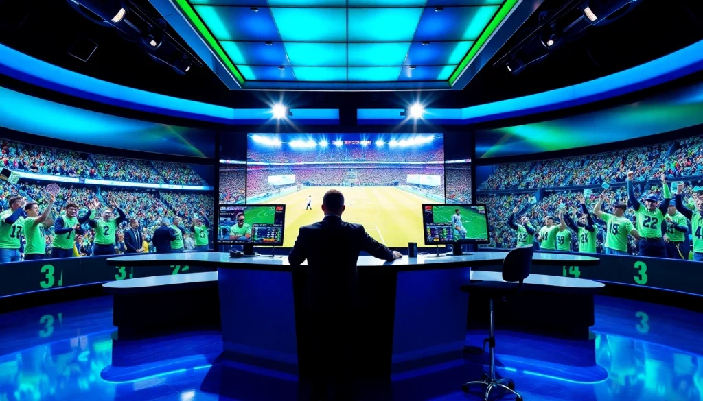Engaging sports broadcasting scene with an analyst presenting live game coverage, highlighting Sports Broadcasting.