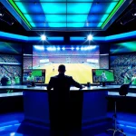Engaging sports broadcasting scene with an analyst presenting live game coverage, highlighting Sports Broadcasting.