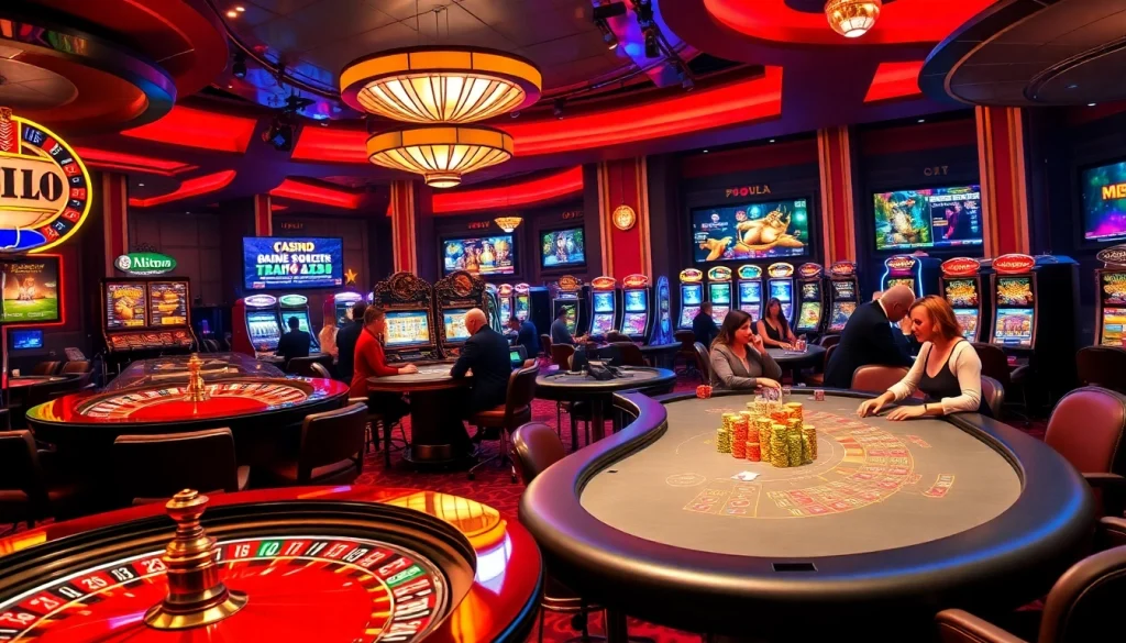 Experience exhilarating gameplay at https://23win.autos/ in a luxurious casino setting, featuring roulette and poker tables.