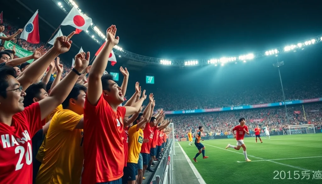 Exciting atmosphere of vô địch quốc gia nhật bản hôm nay with fans celebrating a goal.