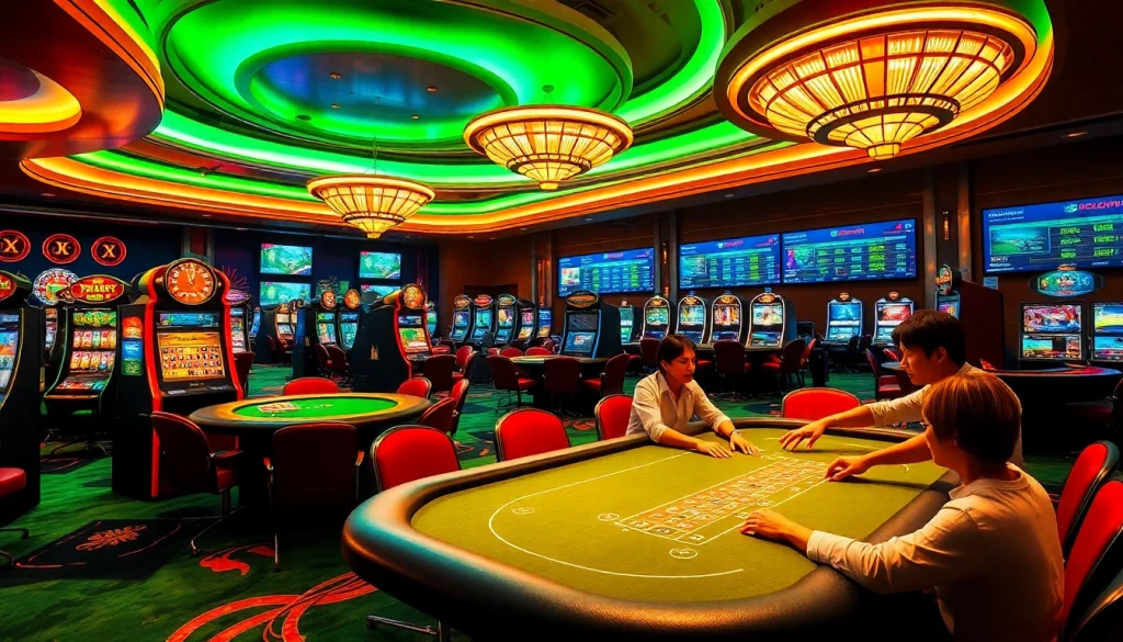 Experience the thrill of tg88 with players at a poker table and vibrant slot machines in action.