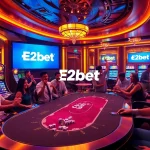 E2bet players celebrating a big win at a vibrant casino table, surrounded by luxury and excitement.