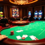 Experience the thrilling ambiance of MM88 with an elegant blackjack table and lively casino elements.