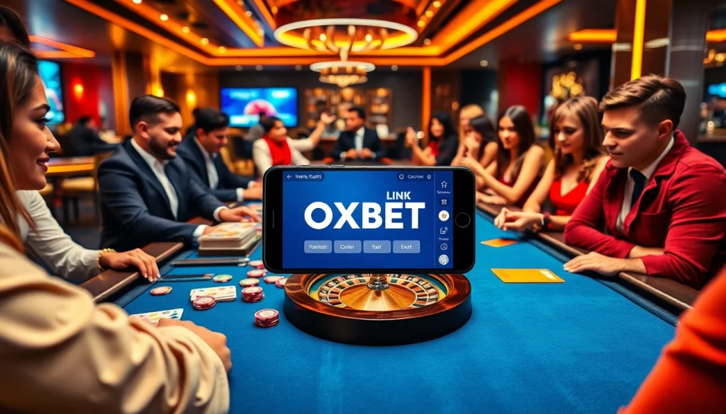 Players enjoying a vibrant casino atmosphere with the Link OXBET platform on display.