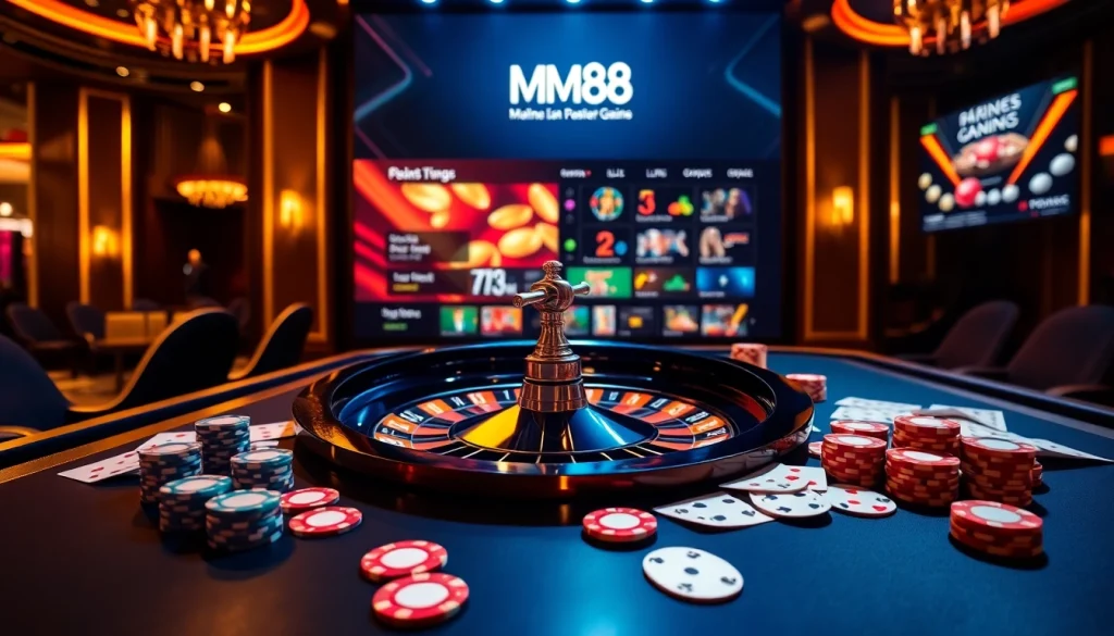 Exciting MM88 online gambling scene with a spinning roulette wheel and vibrant poker chips.