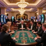 The bustling casino atmosphere at https://va88.now/ with players placing bets at a roulette table amidst luxurious surroundings.