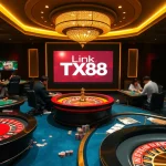 Experience a thrilling game at Link TX88 casino with vibrant poker tables and roulette wheels.