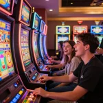 Engaging gameplay at hi88 nổ hũ with players spinning colorful slot machines and enjoying vibrant casino atmosphere.