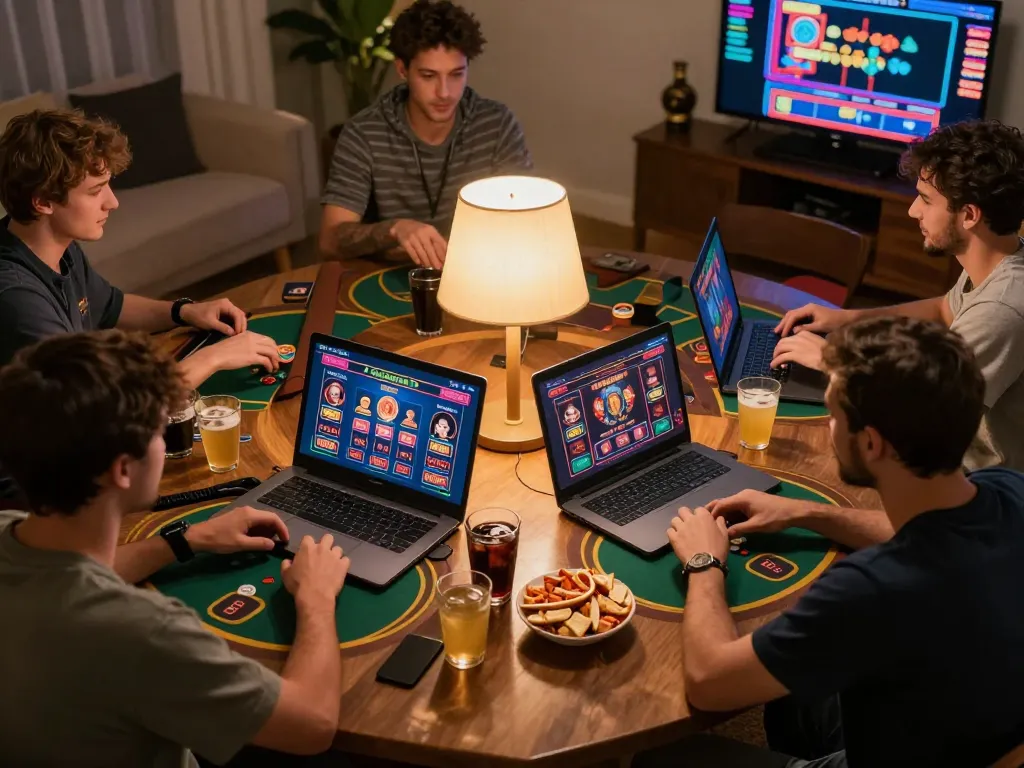 Lucky win moment during an engaging online poker game with players and snacks present.