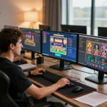 PHSKY online gaming scene showcasing intense gameplay on multiple screens in a modern setup.